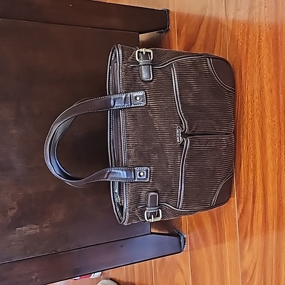 Chaps Cordoroy Purse Dark Brown with Faux Leather Handles EUC